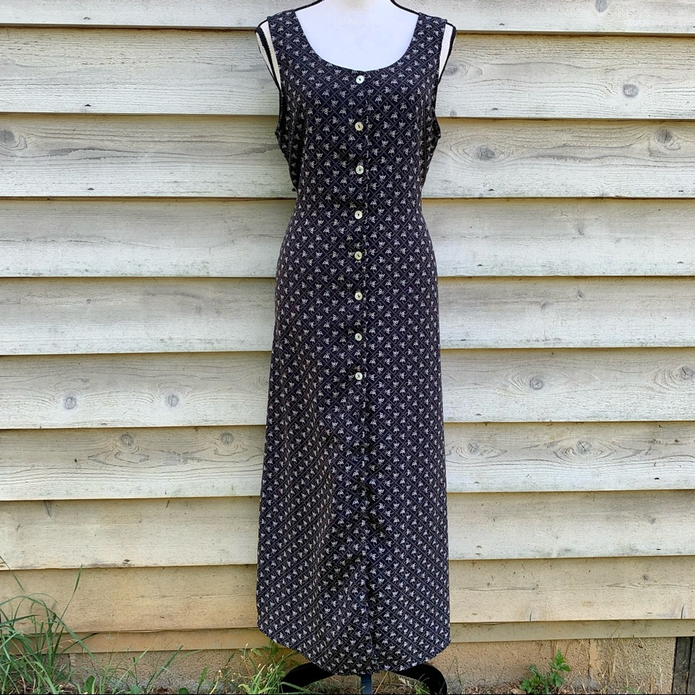 Vintage 90s Black Diamond Monogram Print Button Up Sleeveless Casual Maxi Dress
